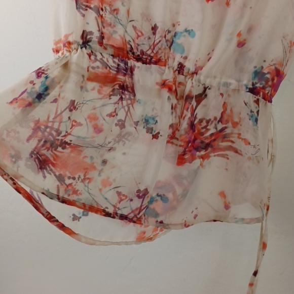 a.n.a. Sheer White Floral Drawstring-Waist Dainty Romantic Cap Sleeve Blouse (M) - Picture 10 of 11